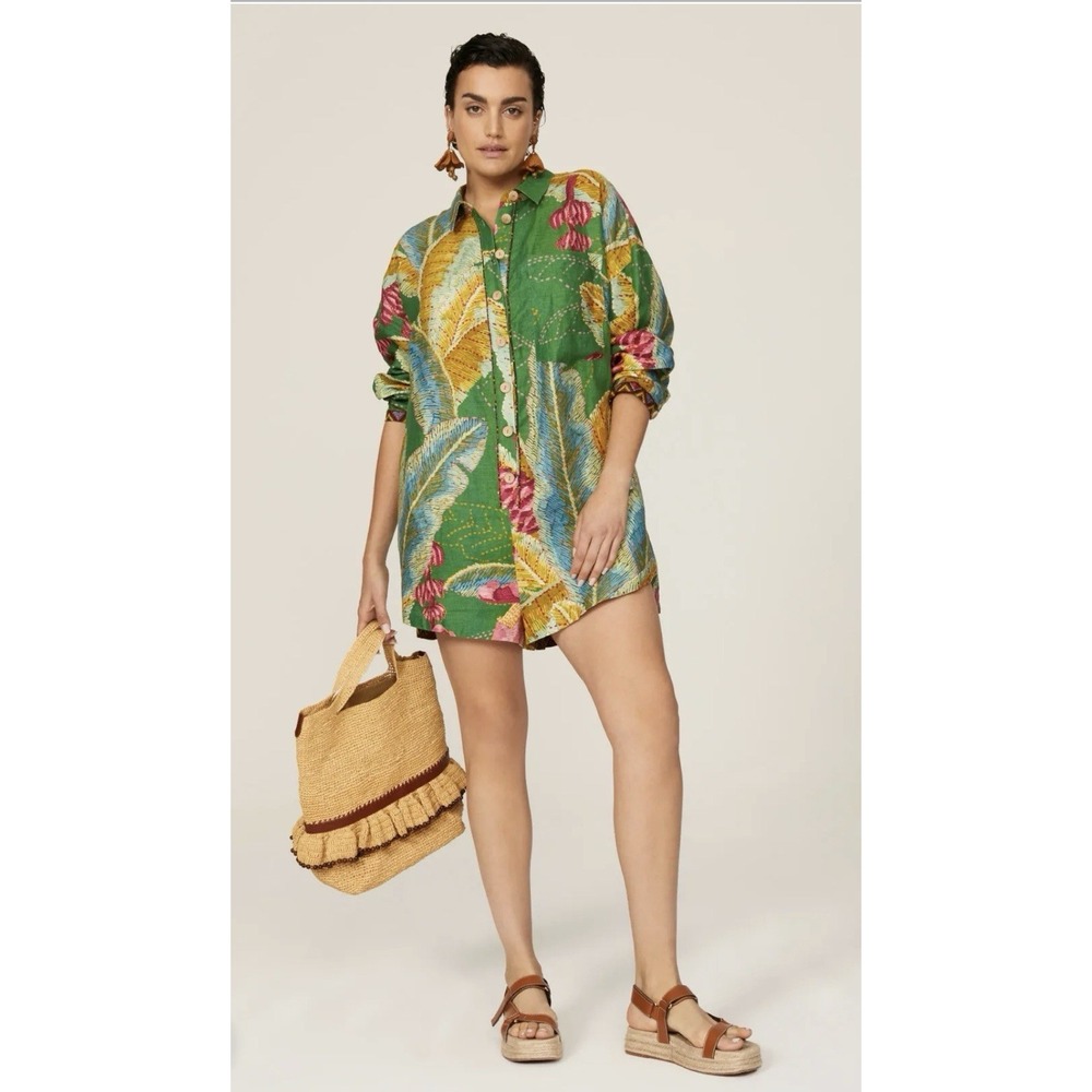FARM Rio Romper Size S 100% Linen Long Sleeve Button Up Banana Leaves Green